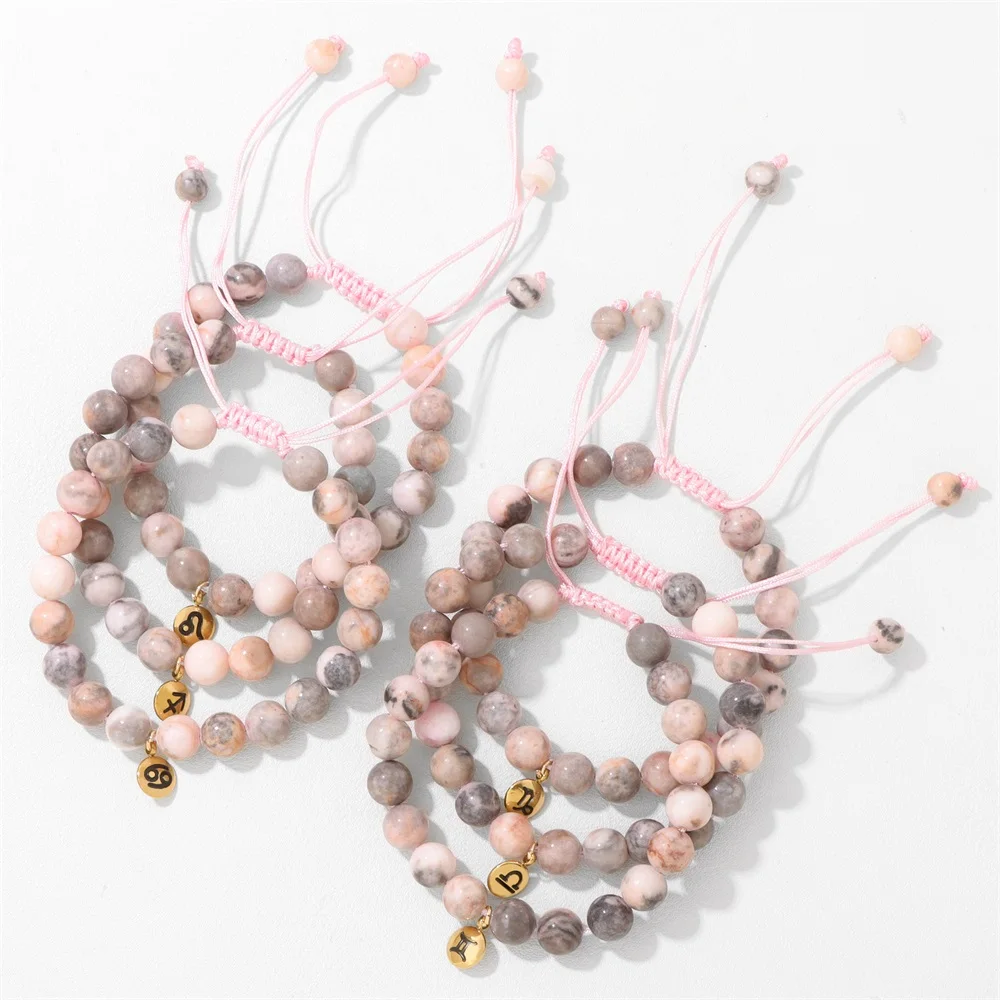 الميزان الوردي زيبرا حجر الخرز سوار 12 زودياك كوكبة علامات سحر أساور مجدولة للنساء هدية عيد ميلاد مجوهرات