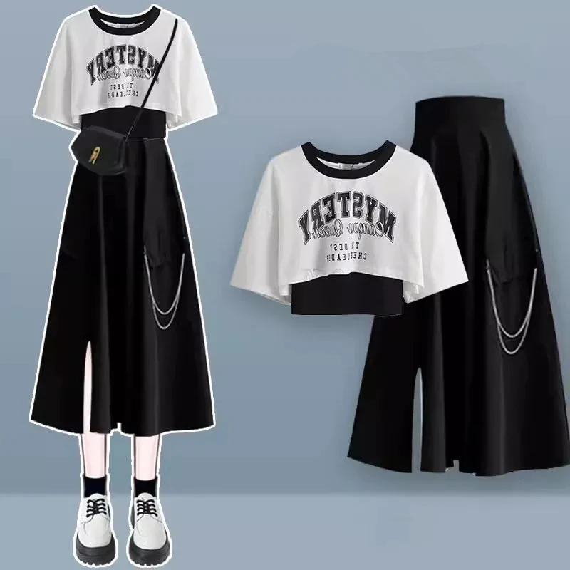 Women Fashion Short T Shirt Black Midi Skirts 1 or Two Piece Set 2024 Summer Japan Korean Lady Letter Tops Half Skirt Outfits