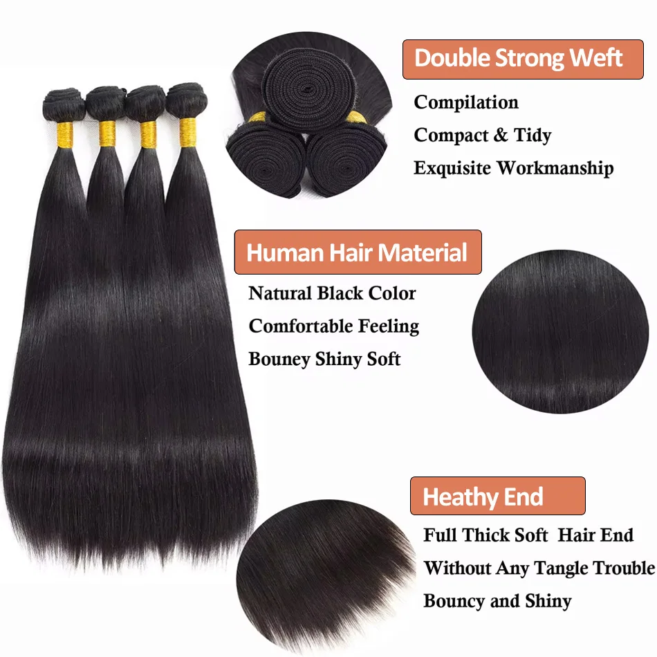 Sophia-Cheveux humains raides brésiliens, Extensions de cheveux Remy vierges bruts, Double trame, Vente en gros, 30 po, 36 po, 3 faisceaux, 4 faisceaux