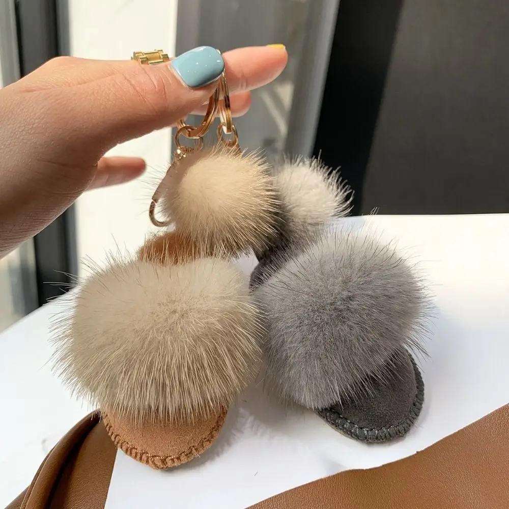 Creative Fluffy Mink Hair Keychain Shoes Shape Cute Mini Slippers Pendant Soft Key Decor Plush Pendant Winter