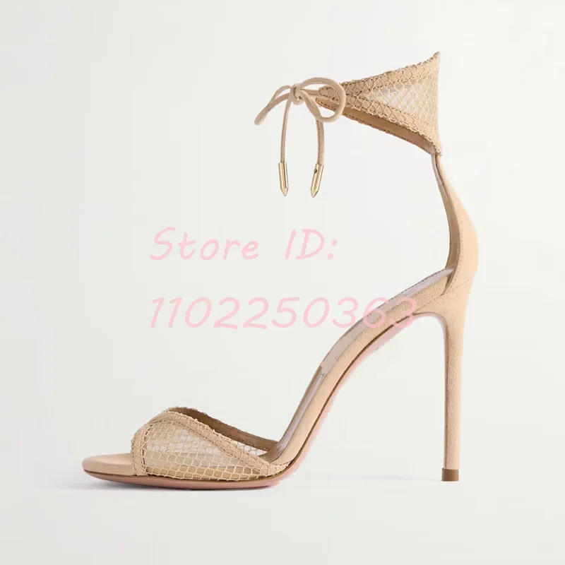 Solid Mesh Ankle Ties Stiletto Sandals Suede Round Toe Metal Decor Lace-up Thin Cover Heels Sandals 2024 Lady Elegant Shoes