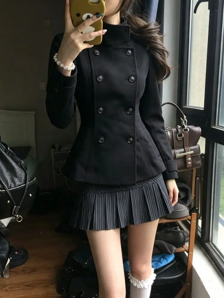 Korean Preppy Vintage Women 2 Piece Set Double Breasted Blazer High Waist Pleated Striped Mini Skirt Slim Fit Party Outfit 2026