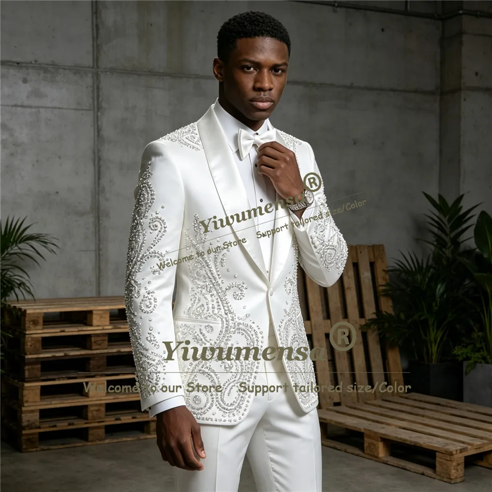 Luxury Suits Men 2 Pieces Satin Shawl Label Gemstones Beaded Prom Blazers Customized Groom Wedding Tuxedos Slim Fit Man Attire