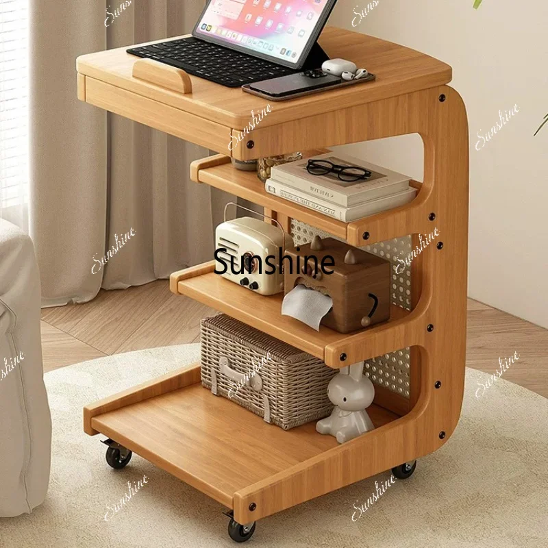 Solid wood sofa edge few movable living room with wheels side cabinet bedside rackTJ