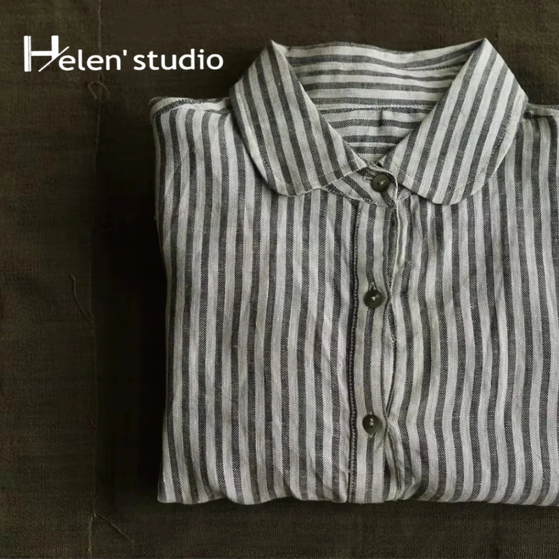 

Женские полосатые блузки и рубашки из 100% льна, топы с длинным рукавом, винтажные рубашки в университетском стиле, повседневные женские блузки
