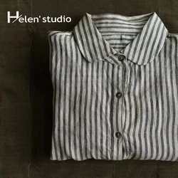 Chemise rayée en lin pour femme, manches longues en Y, cardigan noir, chemises décontractées, coton et lin, vêtements féminins, vêtements d'automne