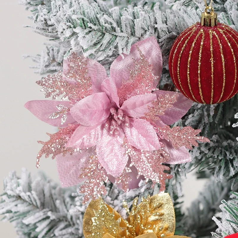 

Glitter Artifical Christmas Flowers Mreey Christmas Tree Decoration New Year Ornaments Xmas Fake Flowers Sparkle Party Supplies