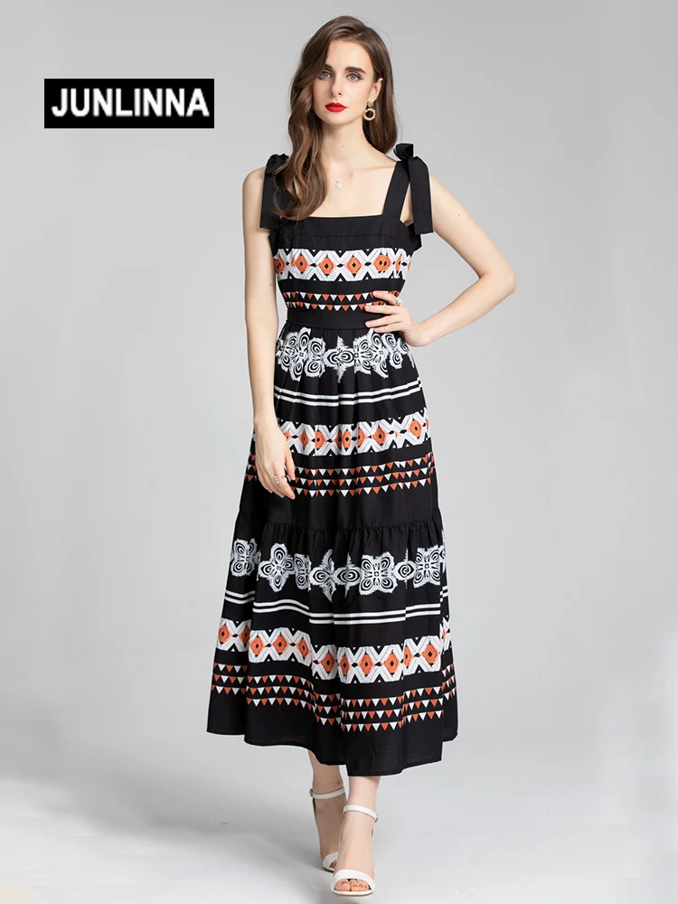 

JUNLINNA Runway Fashion Women Dress 2022 Summer Spaghetti Strap Beach Holiday Printed Vestidos Casual Sliming