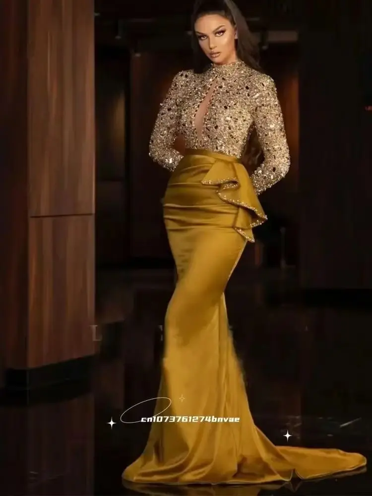 Glitter Beaded Sequined Mermaid Prom Dress Long Sleeves illusion Keyhole High Collar Evening Gown Women Pageant Dress Customized