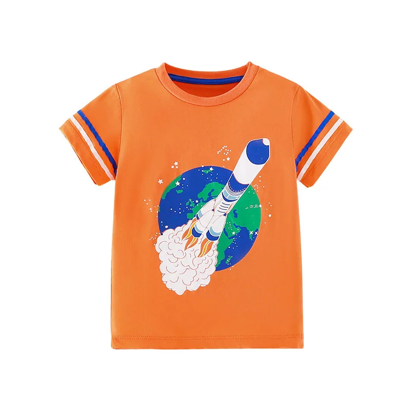 Camiseta infantil de algodão, foguete laranja, meninos e meninas, camiseta casual infantil, tops para crianças verão, nova chegada