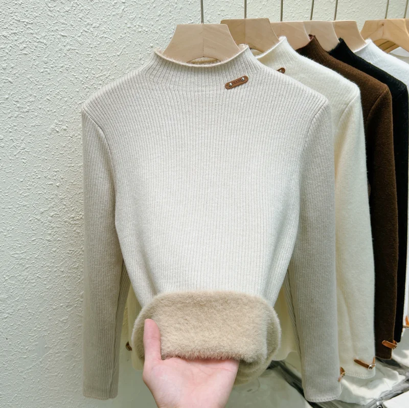 

Korean Fashion Velvet Thick Half High Collar Women's Base Sweater Autumn Winter Solid Color Casual Pullover Warm Lady Tops 29780