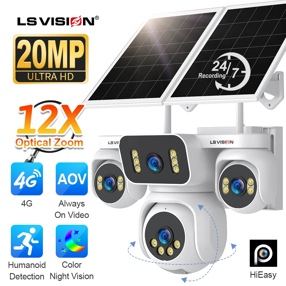 

LS VISION 4G Four Screen AOV Solar Camera 24/7 Recording Outdoor 20MP 12X Optical Zoom Auto Tracking Waterproof Security Cameras