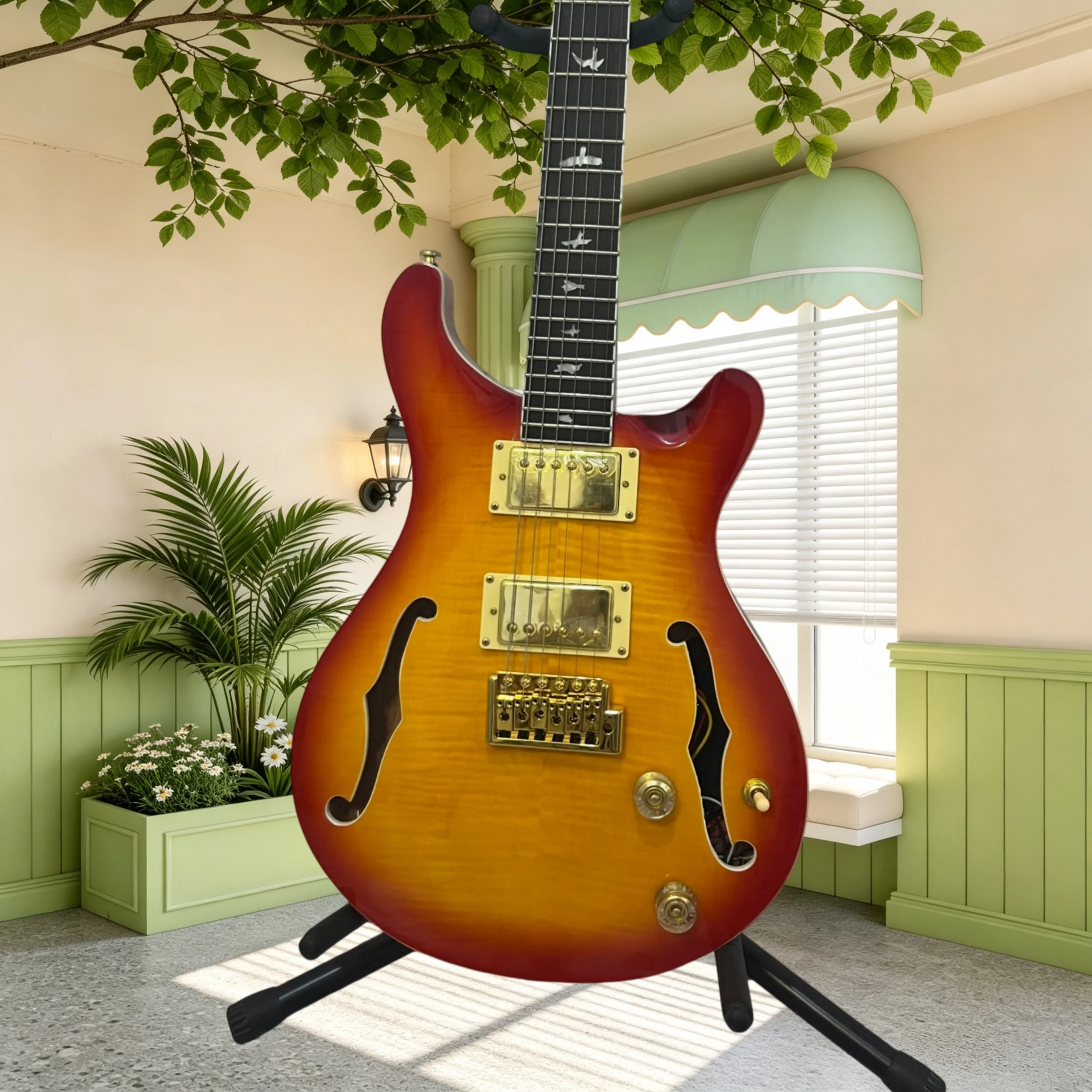 Semi Hollow F Hole PRS Electric Guitar Flame Mahogany Body HH Pickup Sunburst Gloss Finish Bird Abalone Inlay Free Shipping  New