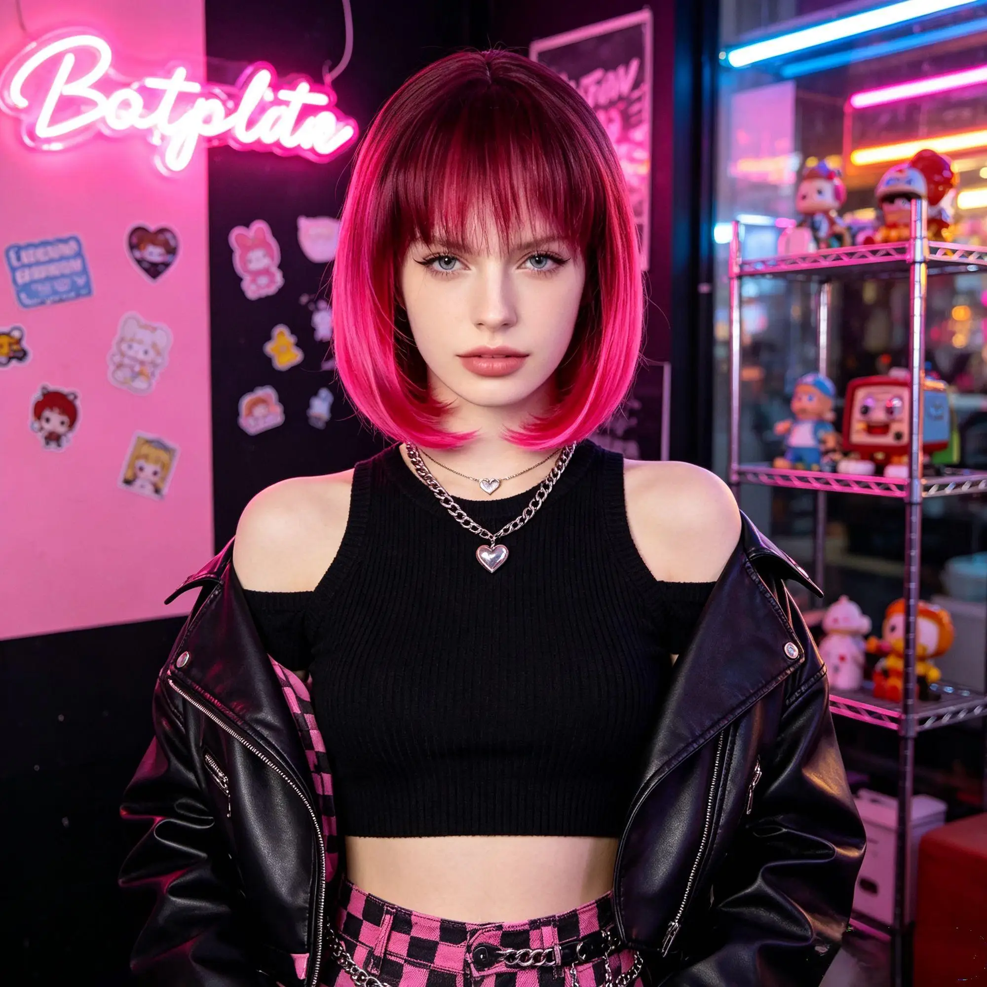 Wine Red Pink Ombre Premium Synthetic Fiber Short Bob Wig with Bangs Straight Smooth Glossy Hair Gradient Color Heat Resistant Adjustable Cap for Women Girls Cosplay Party Halloween Costume Role Play Stage Show Photo Shoot