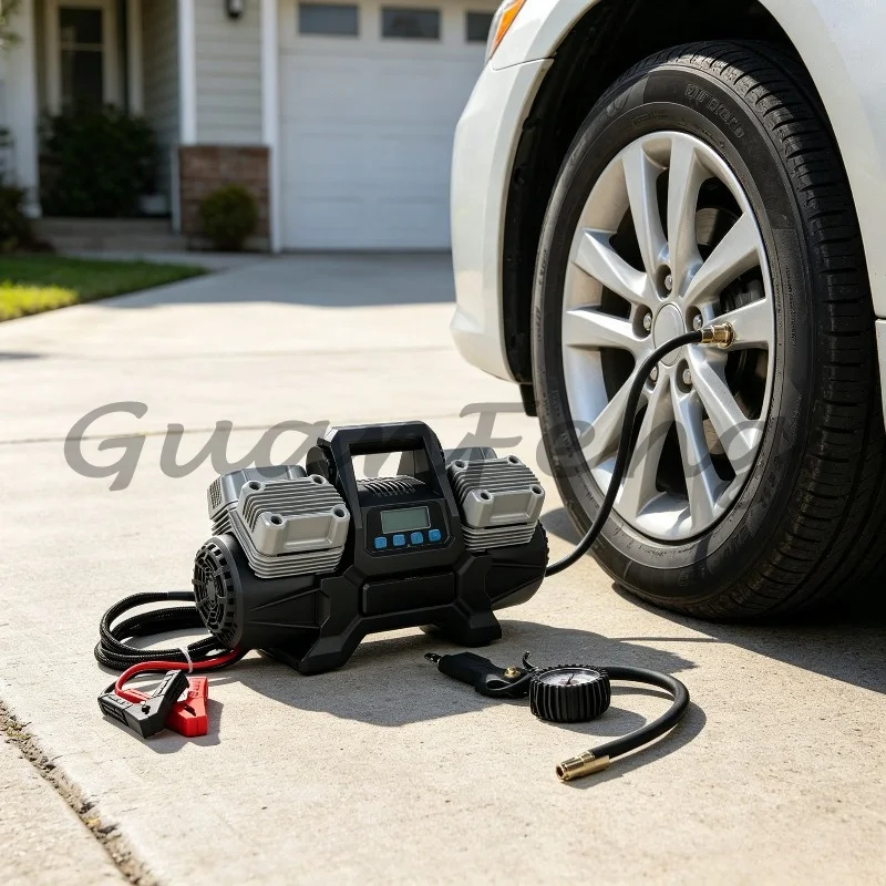 12V 4‑Cylinder Heavy‑Duty Metal Car Air Compressor, Portable Tire Inflator Pump with Tire Pressure Function for Vehicle Tyre Inf