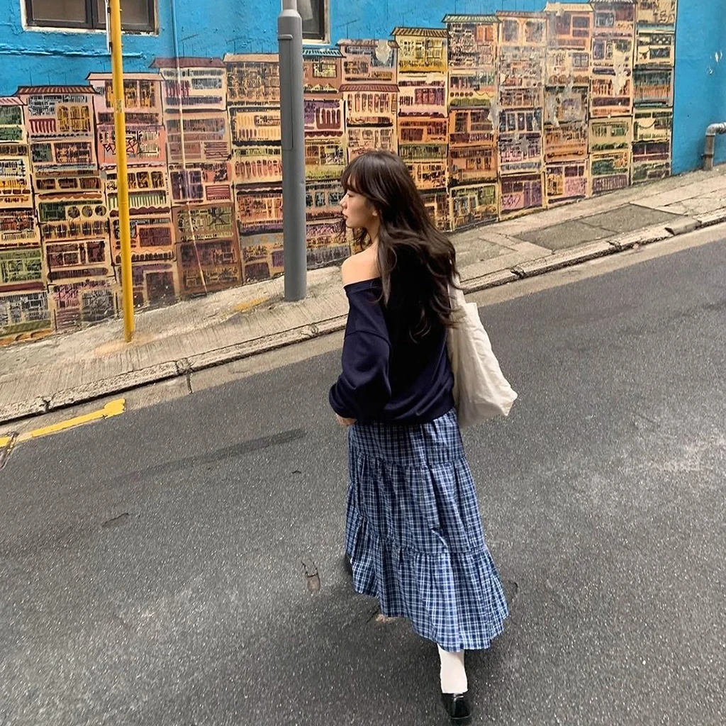 تنورة ريترو متعددة الطبقات ذات مربعات باللونين الأزرق والأبيض، طراز بناتي فرنسي، تنورة عالية الخصر وتنحيف على شكل حرف A، لو نسائي #3