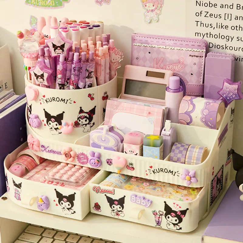 Sanrio Kuromi-portalápices con cajón giratorio, caja de almacenamiento Kawaii, organizador de escritorio de gran capacidad, lindo estante de almacenamiento multifuncional