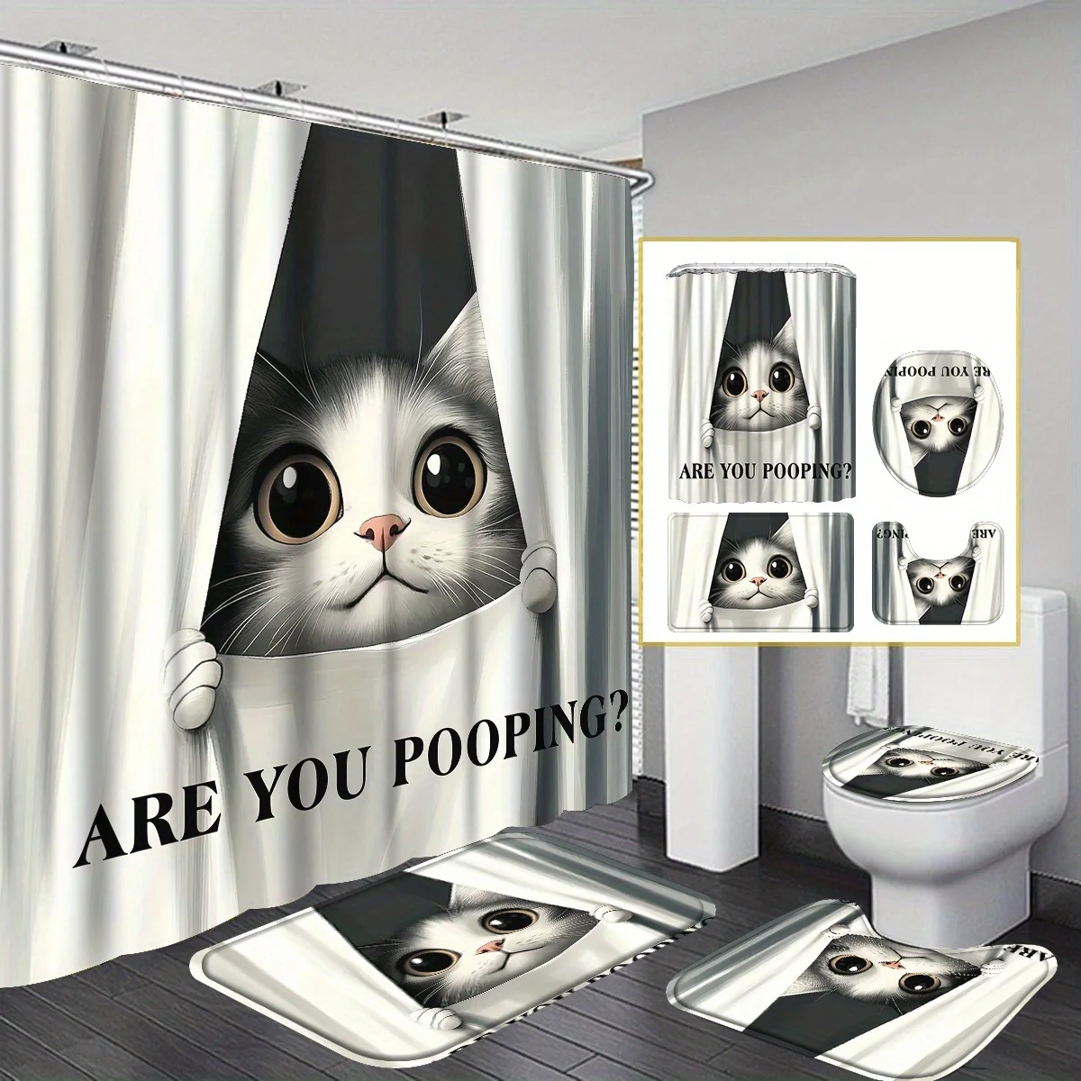

4 шт., набор занавесок для душа с забавным котом, Are You Pooping Curious Kitty, ретро-эффект, забавная химерная юмористическая концепция шутки, водонепроницаемая
