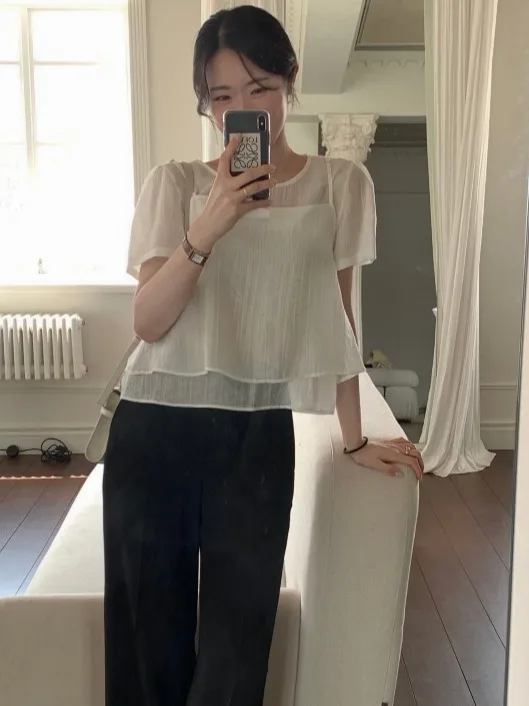 French Sle Loose Fit Bubble Sve round Ne Two-Piece Set Women's Summer Korean System Texture Sensation Chiffon Top