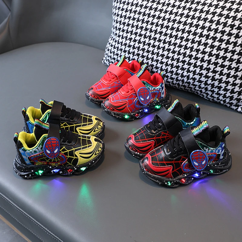 Disney Children\'s LEd Light Shoes Fashion Aoger Spiderman Boys Sneakers Girls Carton Casual Shoes Breathable Kids Sport Shoes