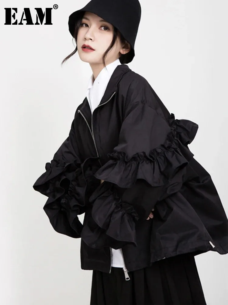 [EAM] Loose Fit Black Ruffles Stitch Big Size Jacket New Lapel Long Sleeve Women Coat Fashion Tide Spring Autumn 2024 1B894