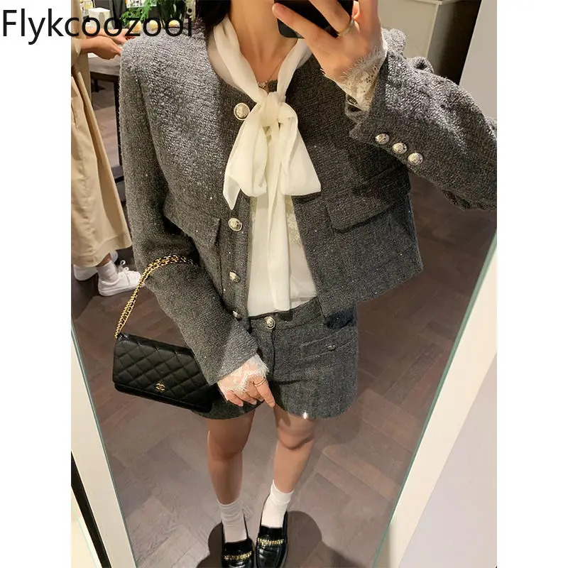 Small Glitter Advanced Sense Two-piece Set Elegant Coat Women 2024 Fall New High-waisted Slimming Shorts Ensemble Femme