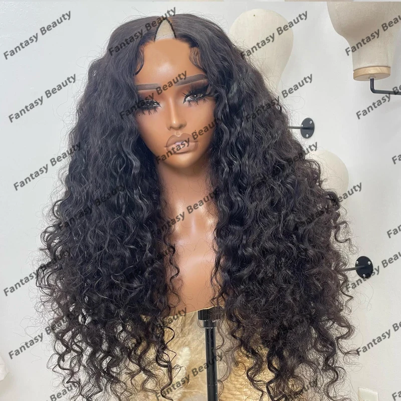 

Natural Black Brown Thick 250Density Deep Wave Human Hair Wigs for Black Women Glueless 1x4 Middle V Part Wigs Adjustable Straps