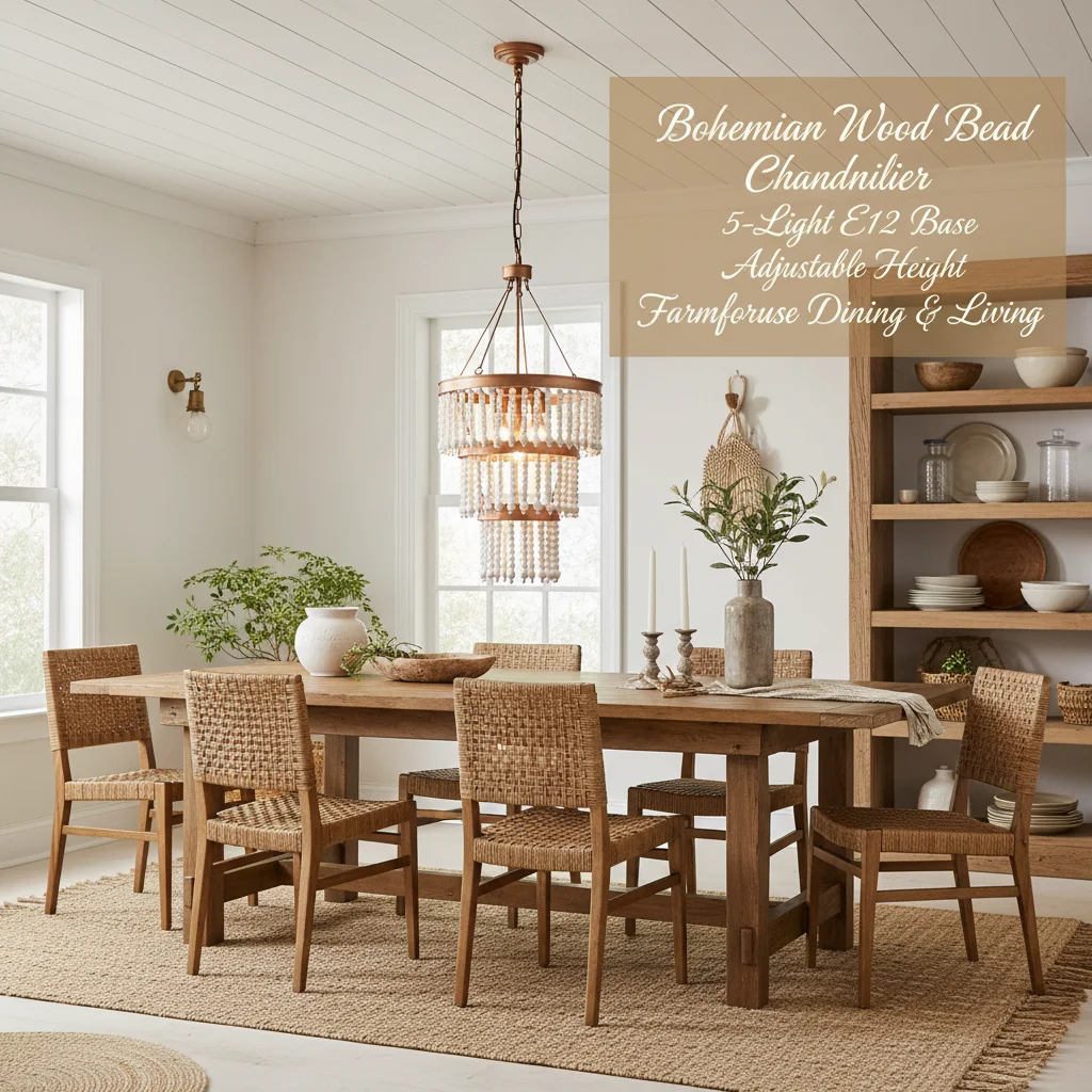 

16" 5-Light Wood Bead Chandelier, Bohemian Gold Farmhouse Pendant Light with Adjustable Chain, E12 Base for Dining Room Kitchen