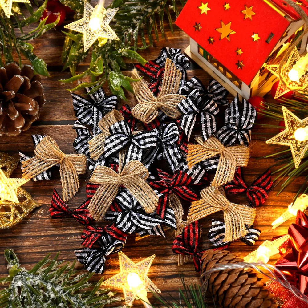 60/90/120/150 Pcs Christmas Buffalo Plaid Bows Burlap Plaid Ribbon Bows Ornament for Christmas Tree Crafts Home DIY Decoration