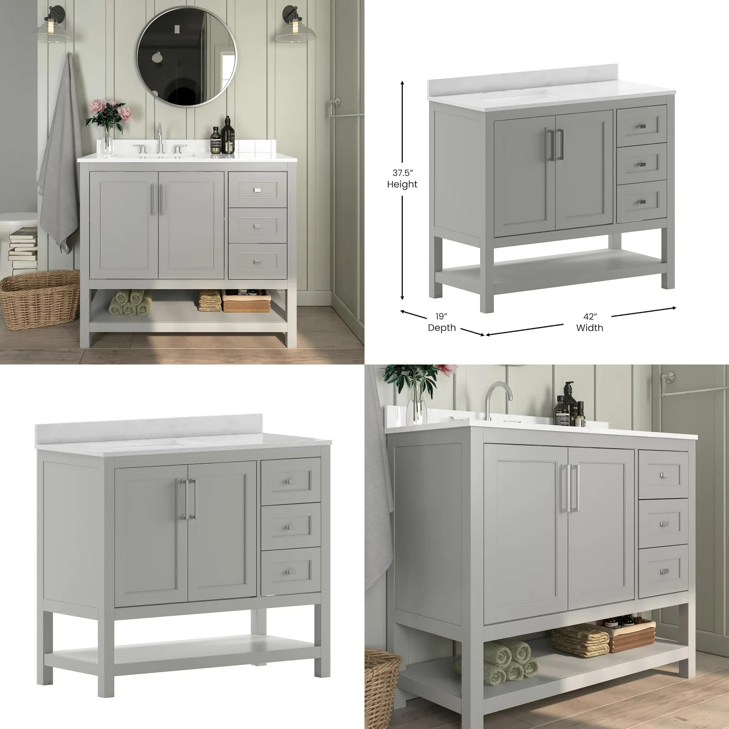

42 Inch Single Sink Bathroom Vanity Cabinet with Soft Close Doors Drawers Open Shelf Marble Countertop Gray, Customized