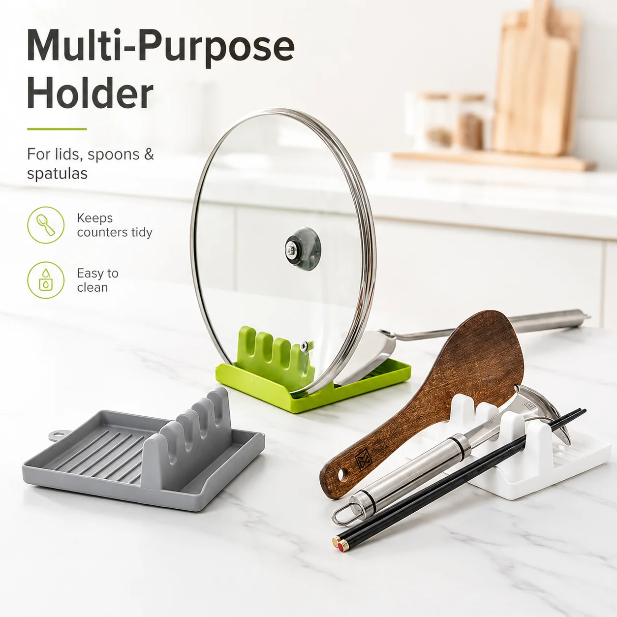 Pot Lid Holder Spoon Rest Kitchen Organizer Spatula Utensil Stand with Drip Tray Countertop Cooking Accessories Storage Rack