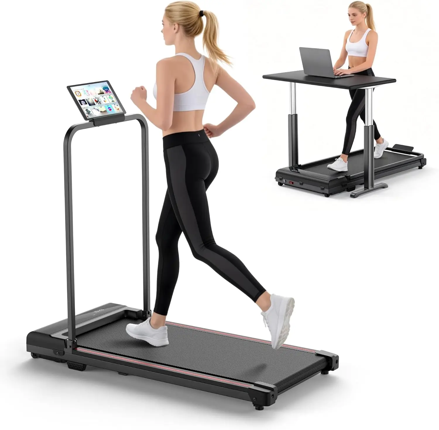 Home Foldable Under-Desk Walking Pad Treadmill, Equipped with Retractable Handle Bar; Compact Mini Electric Running Machine for Small Apartments & Office Indoor Walking Workouts