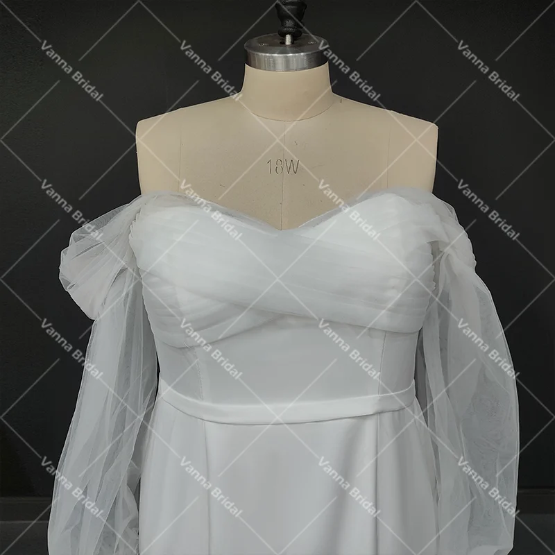 Prawdziwe zdjęcia minimalistyczny Off The Shoulder Ruched tiulowe długie bufiaste rękawy suknia ślubna syrenka V Neck dostosowana suknia ślubna