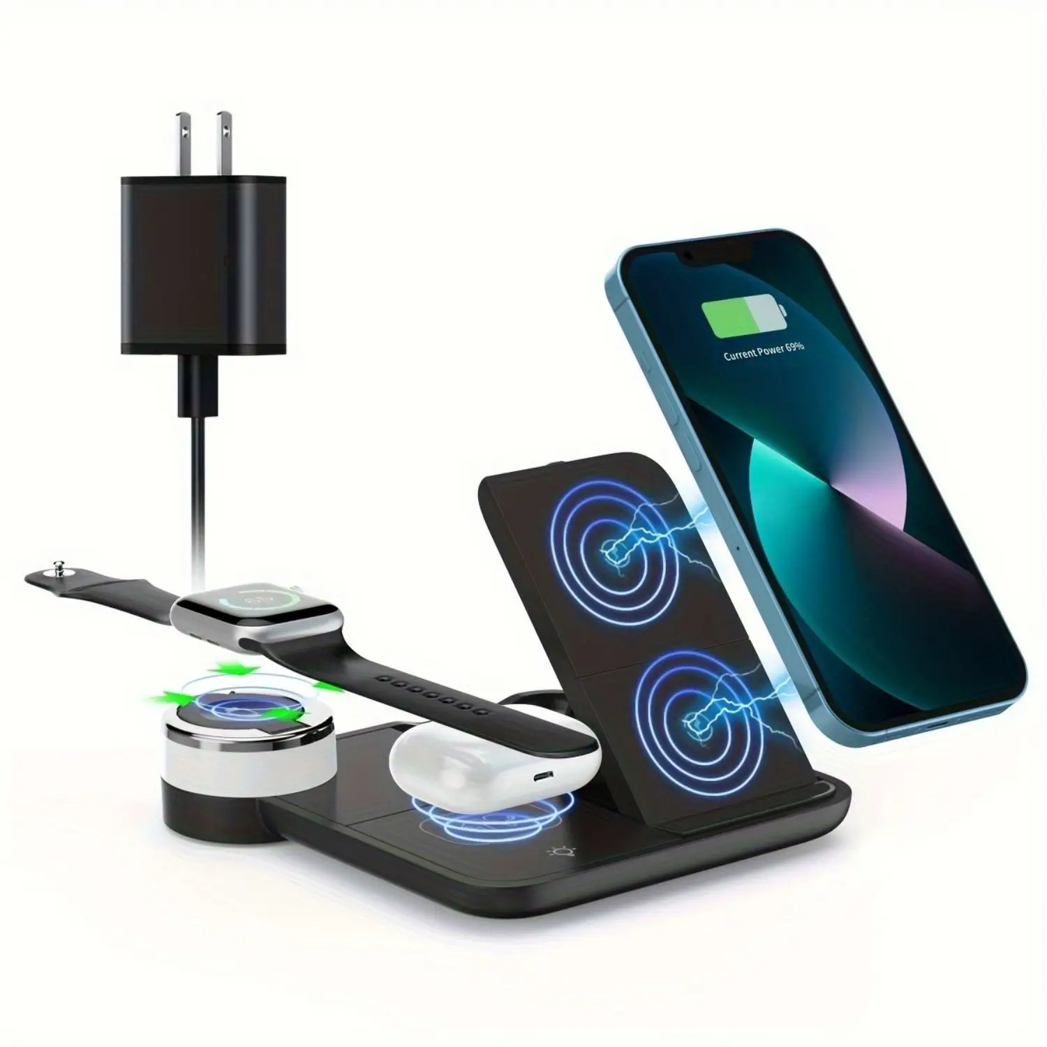 Foldable 3-in-1 Wireless Charging Station, 15W Fast Wireless Charger Stand, Night Light Wireless Charging for iPhone 15, 14, 13,