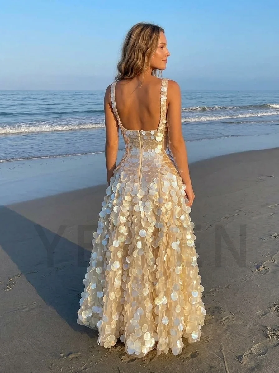 Sequin Maxi Dress Women Square Neck A-Line Sparkly Mermaid Prom Gown Summer Beach Birthday Party Runway Vestidos YD261004