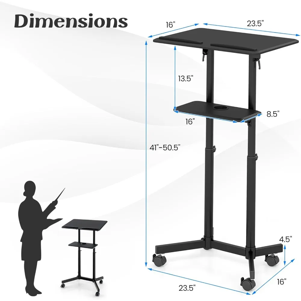 แท่นยืนพูดเคลื่อนที่ปรับความสูงได้ พร้อมที่วางแล็ปท็อปแบบมีล้อเลื่อน ที่วางของด้านบนแบบปรับเอียงได้ ที่วางแก้ว และล้อที่ล็อคได้