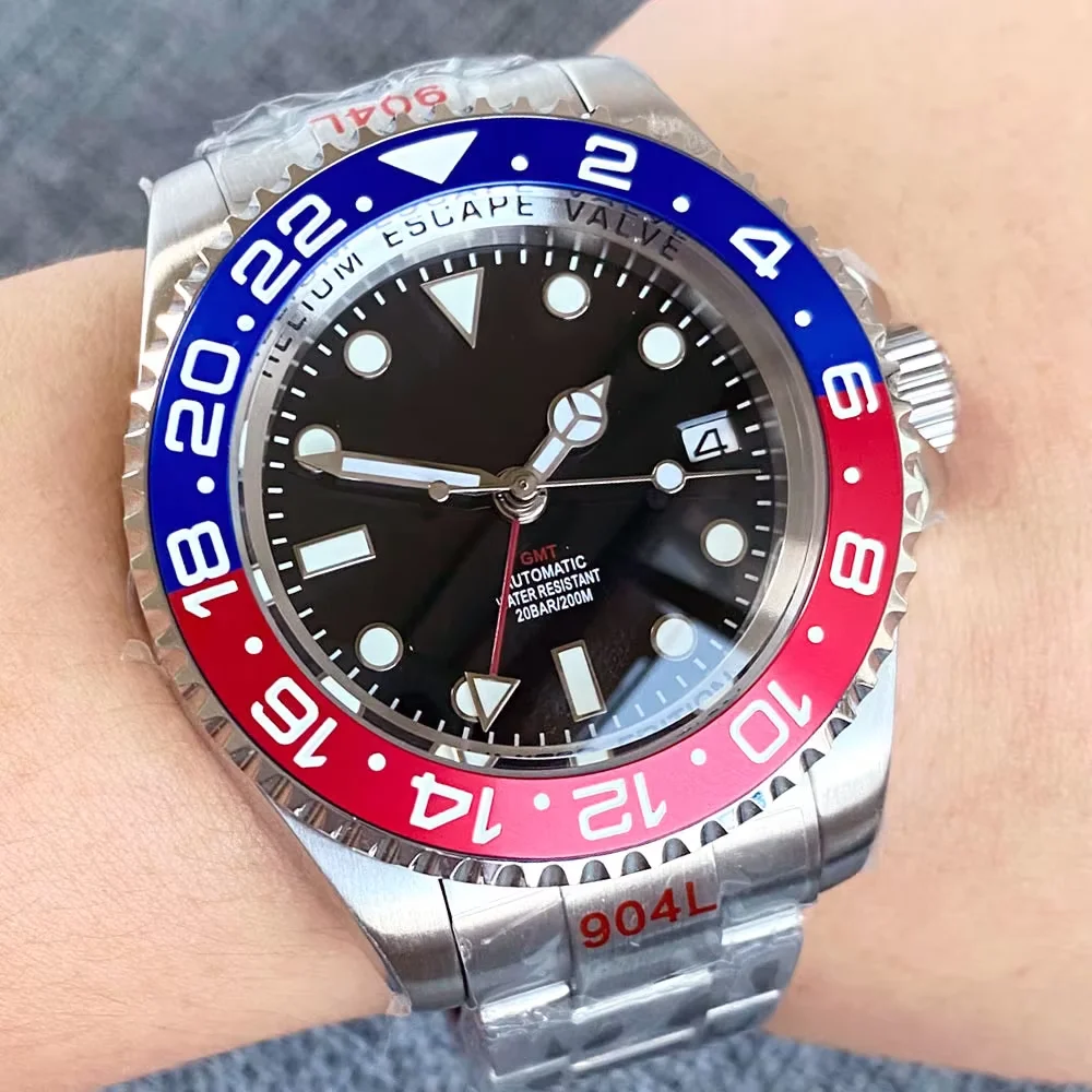 

43mm Tandorio GMT NH34A Men's Mechanical Sea Watch Helium Device 10BAR Waterproof Luminous Dial 120 Clicks Pepsi Rotating Bezel