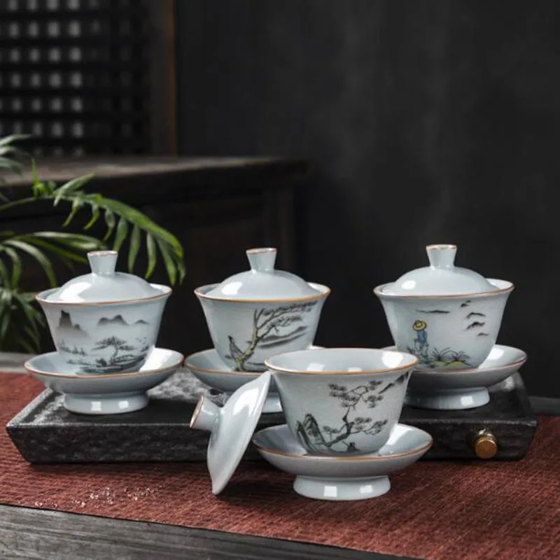 Ruyao Ice Crack Retro Sancai Gaiwan Landscape Pattern Respect Bowl Kungfu Tea Cup Kitchen Teaware Set