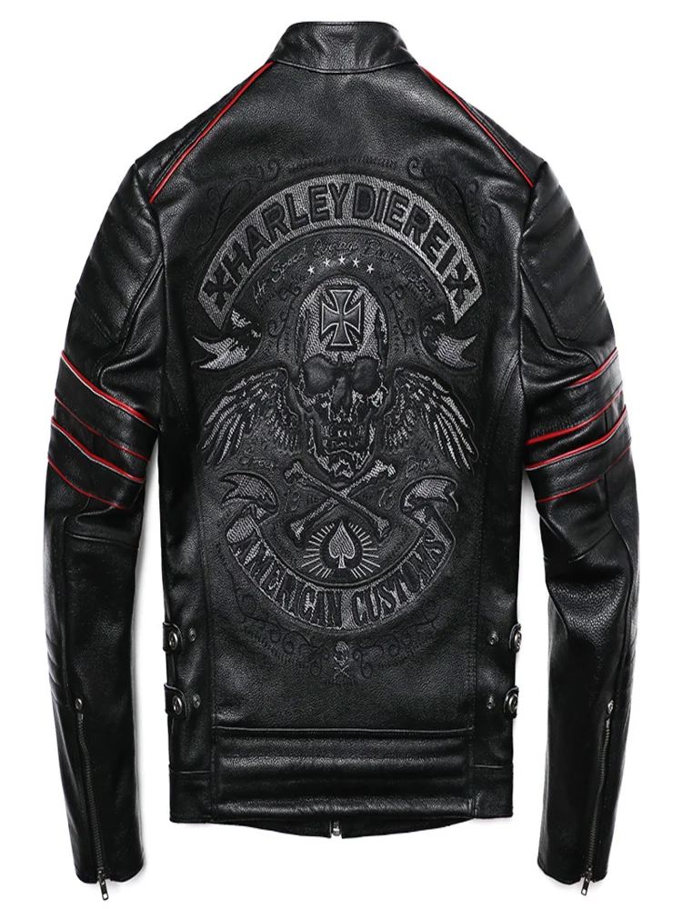 

2024 New Embroidery Skull Fashion Genuine Leather Jacket Men's Natural Cowhide Motorcycle Slim Moto Coat Size S-6XL