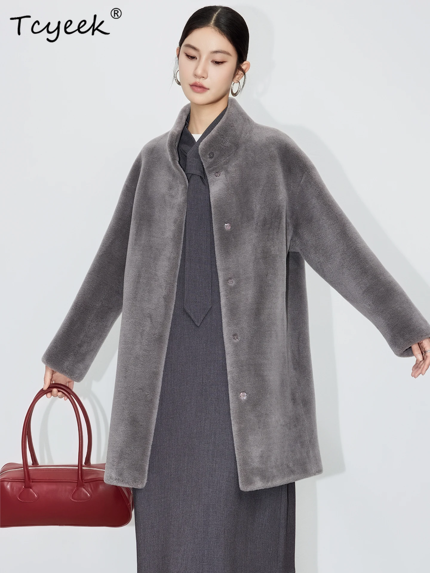 Tcyeek الصوف الحقيقي الخريف الشتاء الراقية العصرية الوقوف طوق رمادي متوسط طويل المرأة الصوف شيرلينغ معطف الفرو Fourrures فام