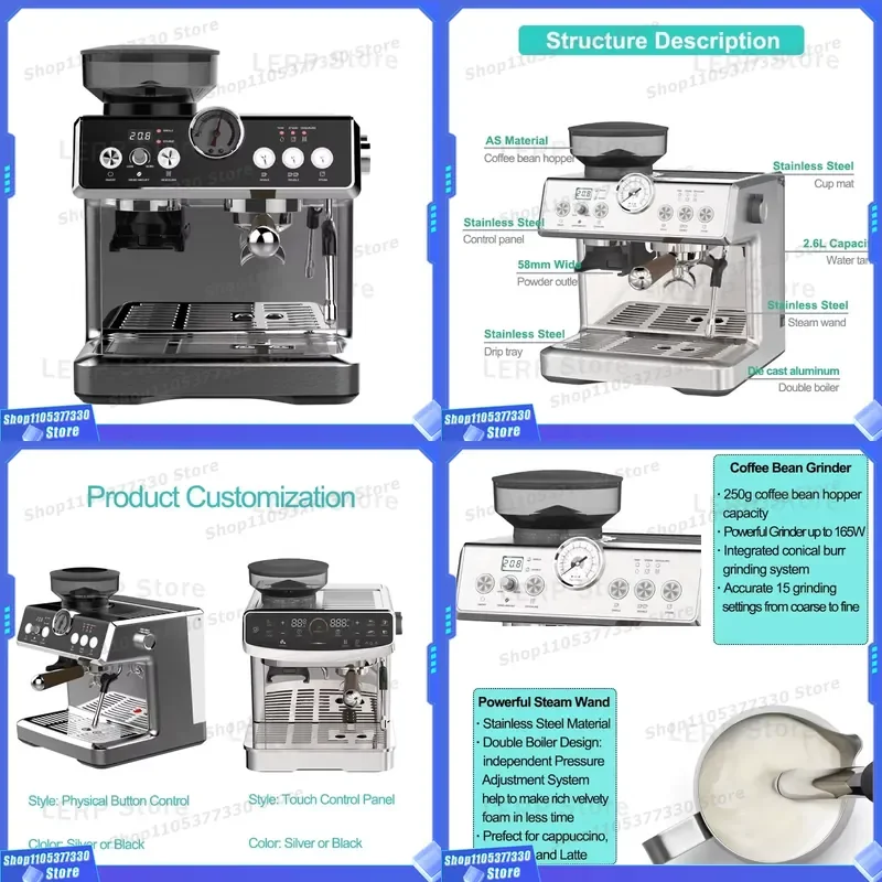 2200W Automatic Espresso Machine With Grinder Multifunctional German Coffee Maker For Home Office Barista Style Brewing