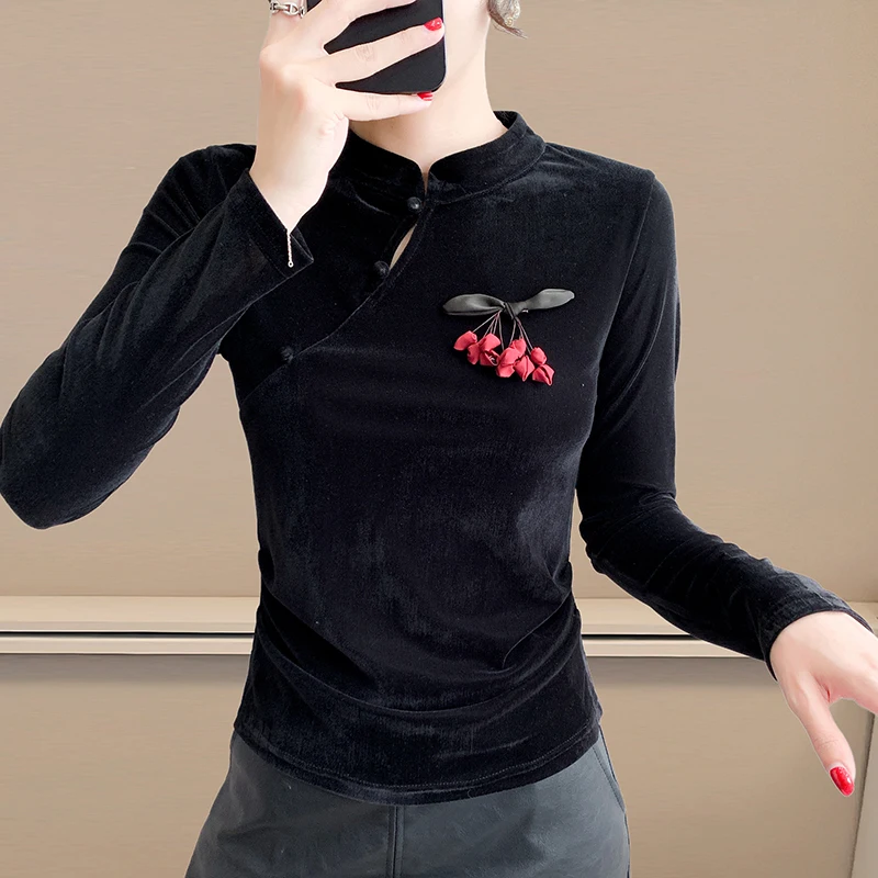 

Black,Korean,Style,T-Shirt,Chic,Sexy,New Chinese-style,Slanted,Velvet,Bow,3D,Little pepper,Women,Tops,Long Sleeve,Tees,583002