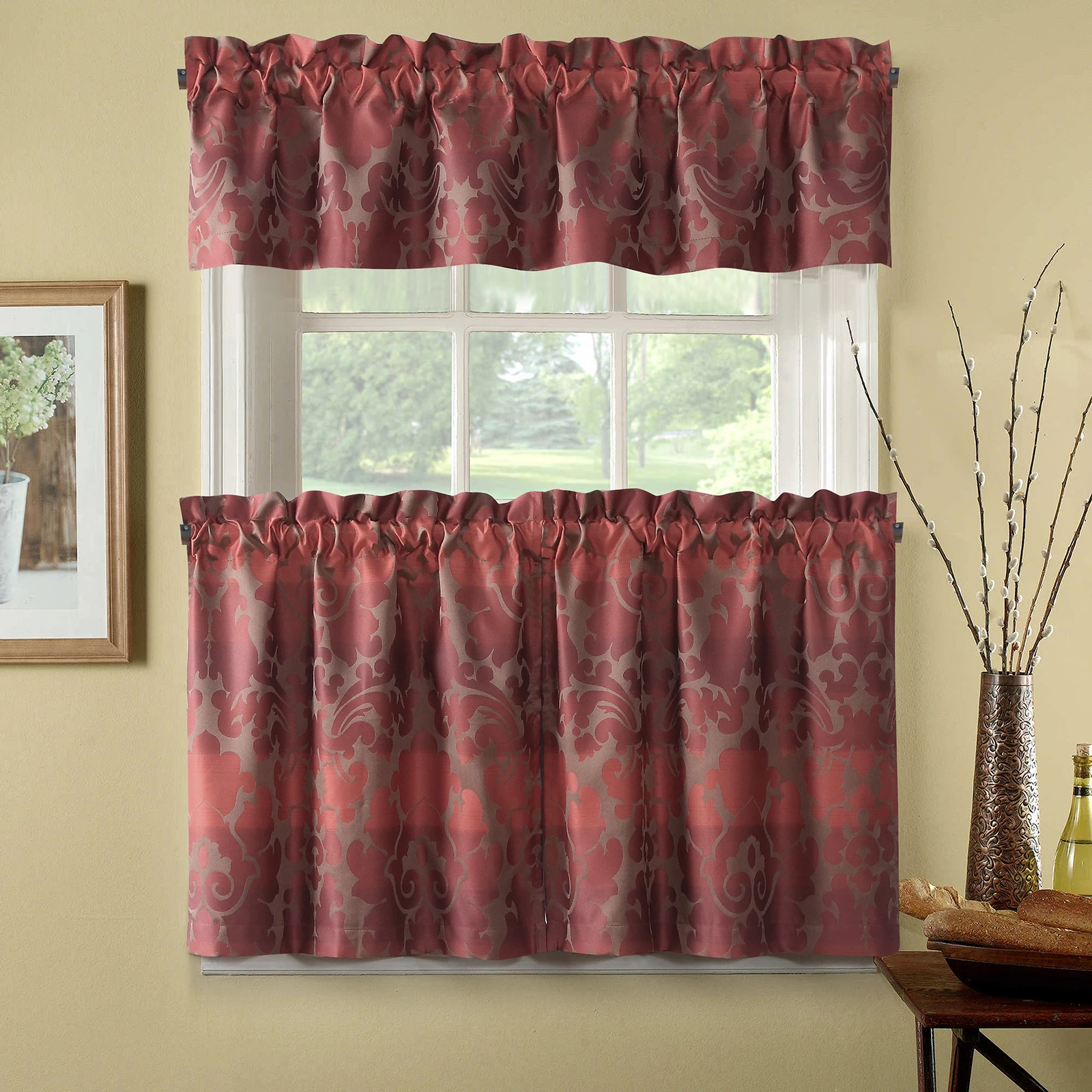 Contessa Yarn Dyed Thick Red Damask Polyester Fabric Rod Pocktet Burgundy 3pcs Kitchen Sets