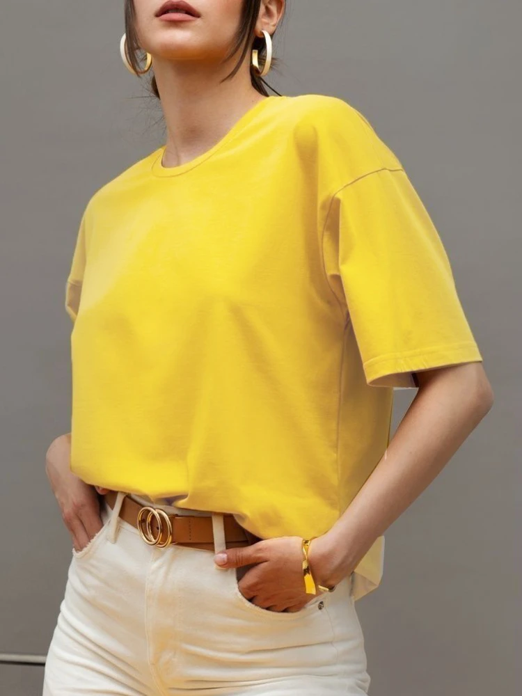Bornladies 2025 Damen Sommer 100% Baumwolle T-Shirt Basic Modisches Einfarbiges Kurzarm-Oberteil für Damen – Detail 20
