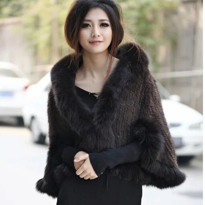 100% Natural Genuine Mink Fur Shawl With Fox Fur Collar Winter Women Real Mink Fur Coat Knitted Fashion Ladies Cardigan Fur Cape