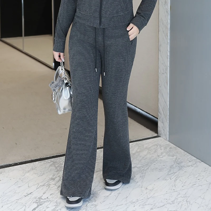 

Модные женские брюки-клеш больших размеров, тонкие брюки премиум-класса для девочек со средней талией, трикотажные брюки из имитации кашемира, осень