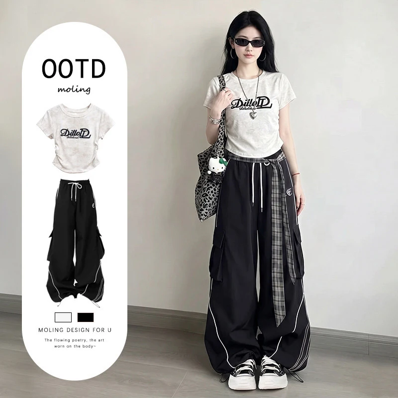 Black Workwear Pants Jazz Dance Short Sleeve Outfit Cool Trendy Girl Summer Fashion Set Breathable Cotton round Neck T-Shirt