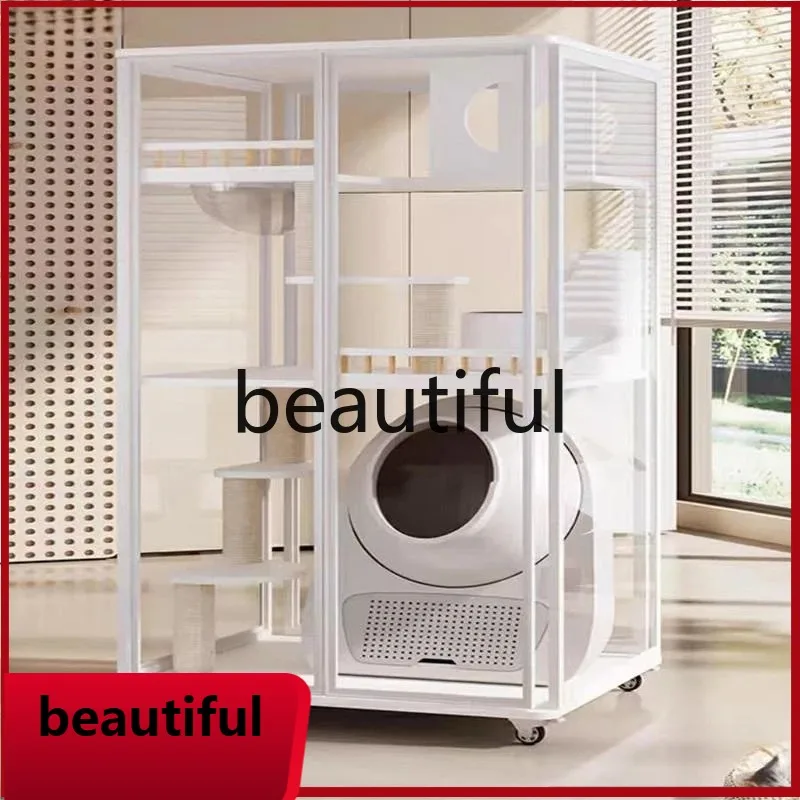 

X Panoramic glass cat villa household solid wood, cage cat litter box integrated, luxury, cat nest