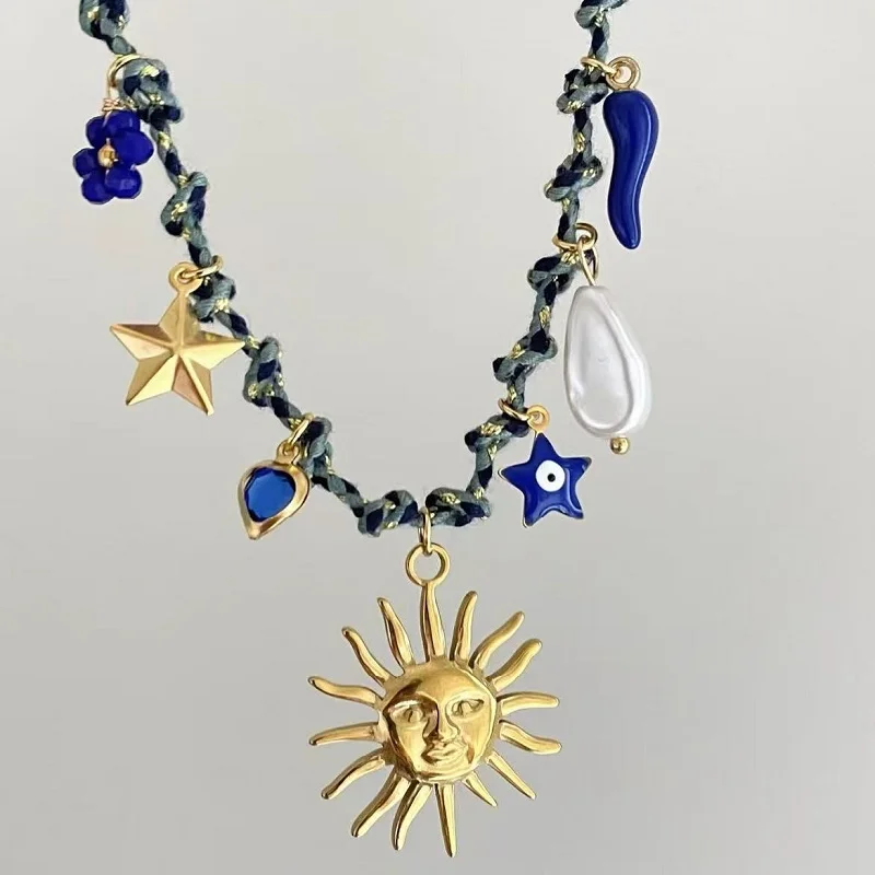 

Summer Ocean Necklace with hanging stainless steel seahorse, sun, turtle, starfish pendants