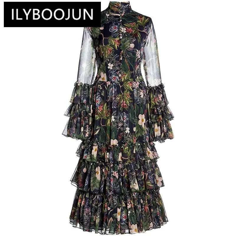 

ILYBOOJUN Fashion Runway Vintage Print Cupcake Dress Women Flare Sleeve Button Cascading Ruffle High Waist Slim Midi Dress